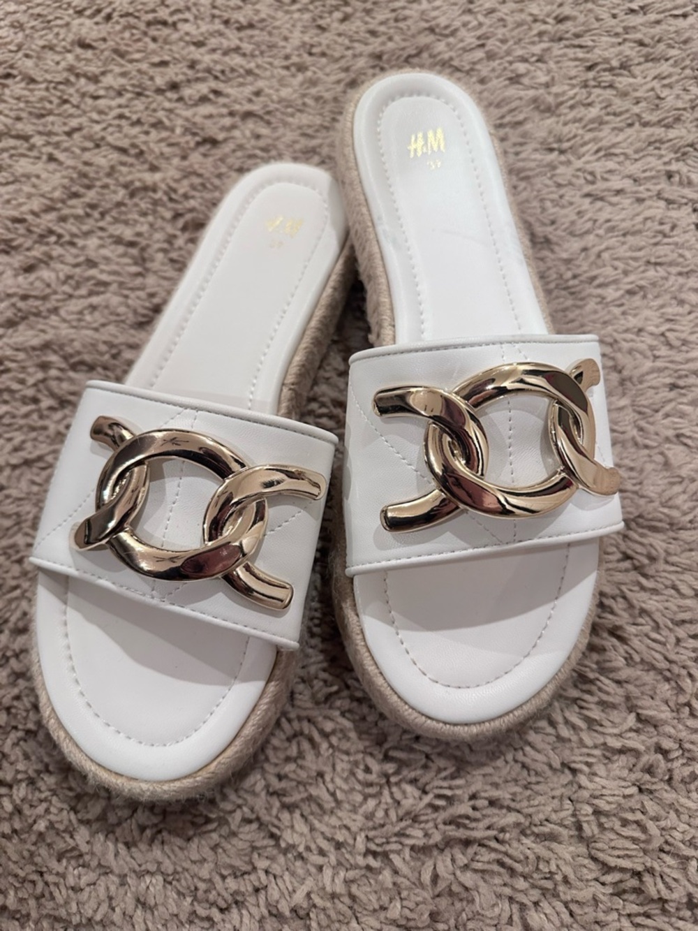 H&M White Slide Sandals with Gold Chain Detail